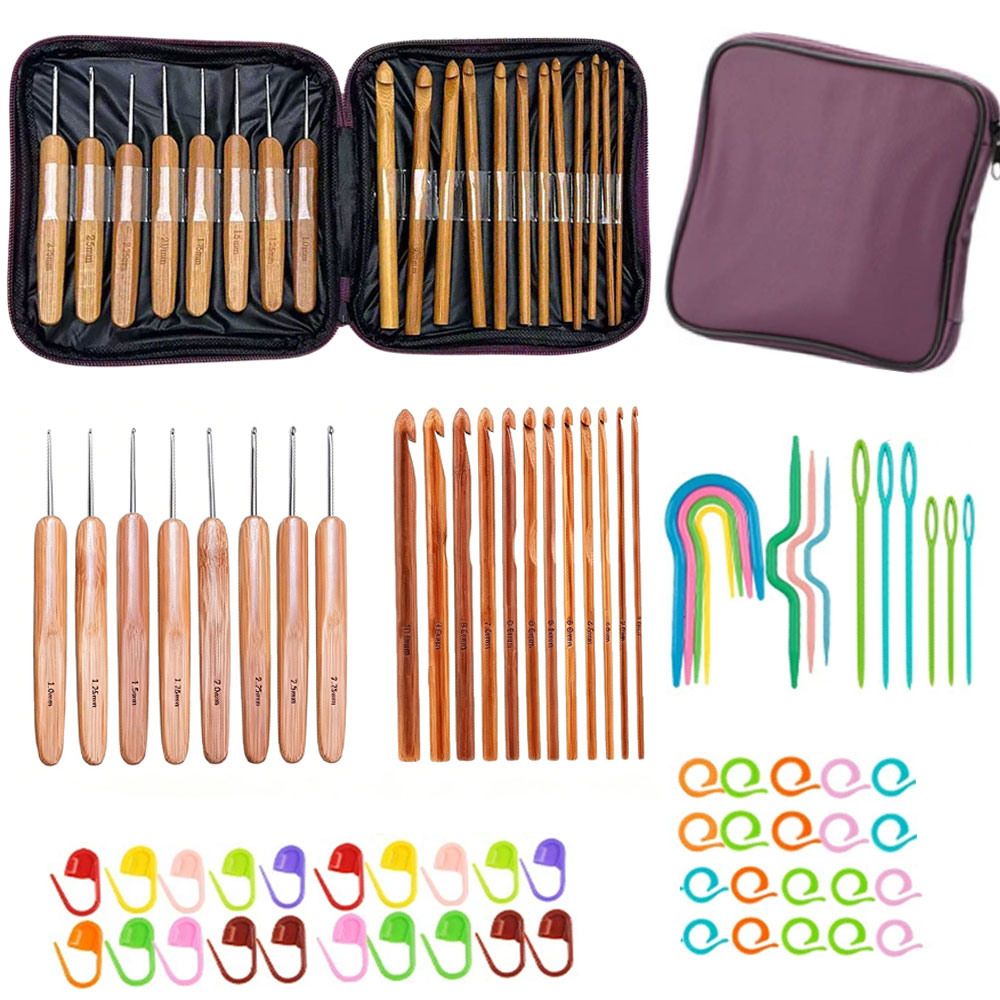 Sewing Kit - 74pcs Bamboo Crochet Hooks Set Yarn