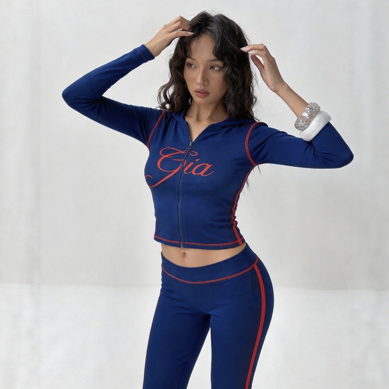Sewing V - Women Letter‑Print 2‑Piece Tracksuit, Zip‑Up Hooded