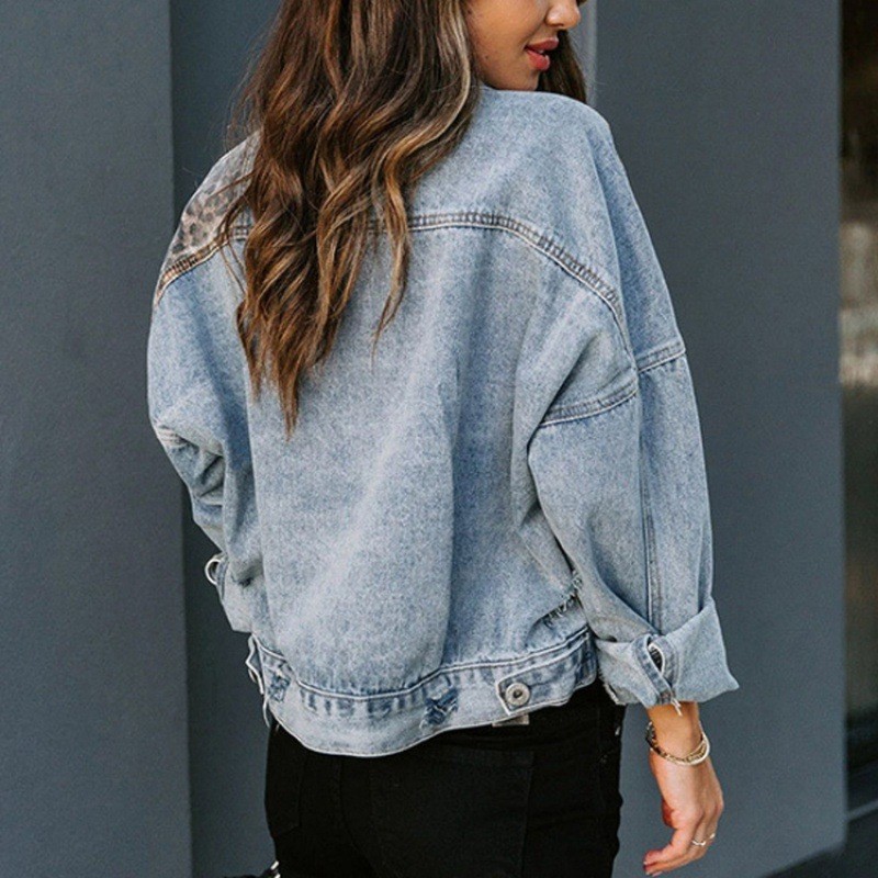 Leopard Stitching Denim Jacket - Sewing Jackets review and price